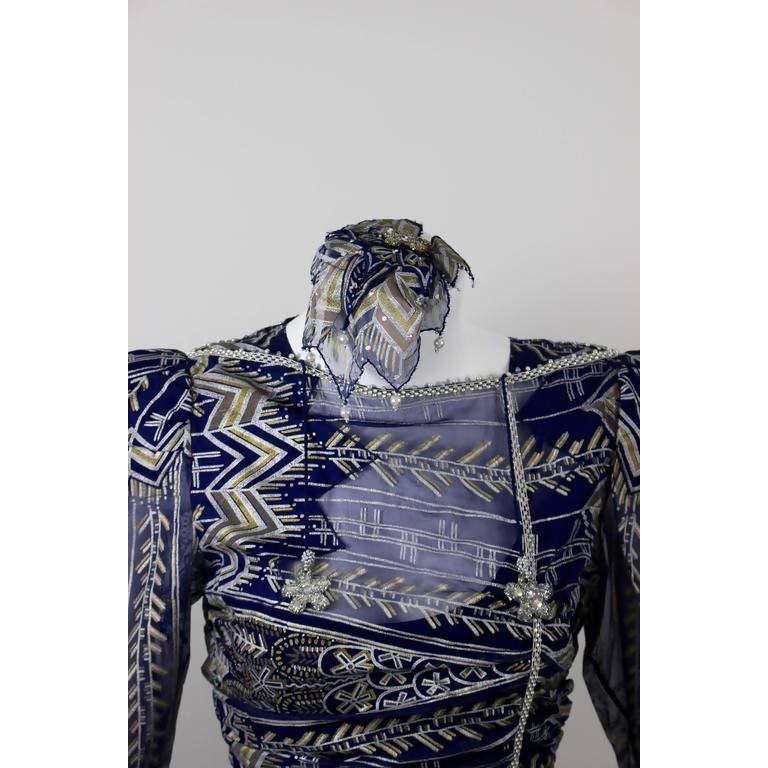ZANDRA RHODES Navy Hand Painted Silk Dress, Slip, and Headpiece | Size M - theREMODA